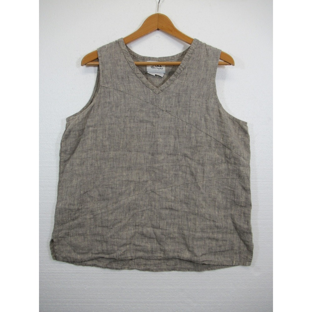 Jeanne Engelhart Flax Linen Sleeveless Top Women Medium Beige V-neck Lagenlook